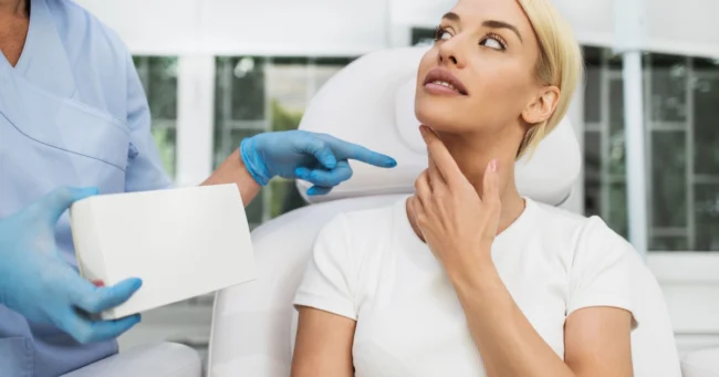 Blonde woman touches her neck as a person in scrubs points during a Speech & Swallowing Disorders consultation in North Logan, UT.