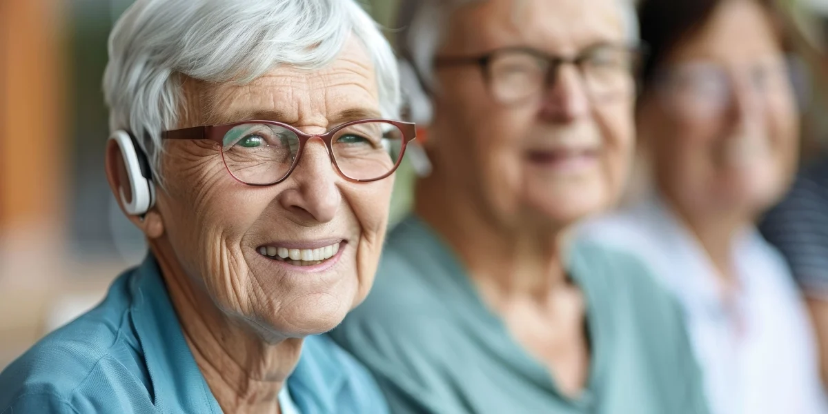 Close-up of a smiling senior woman with white hair, red glasses, and a hearing aid during a Hearing Loss consultation in North Logan, UT