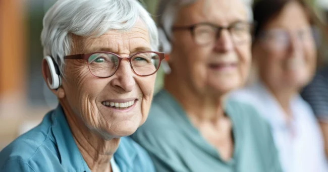 Close-up of a smiling senior woman with white hair, red glasses, and a hearing aid during a Hearing Loss consultation in North Logan, UT