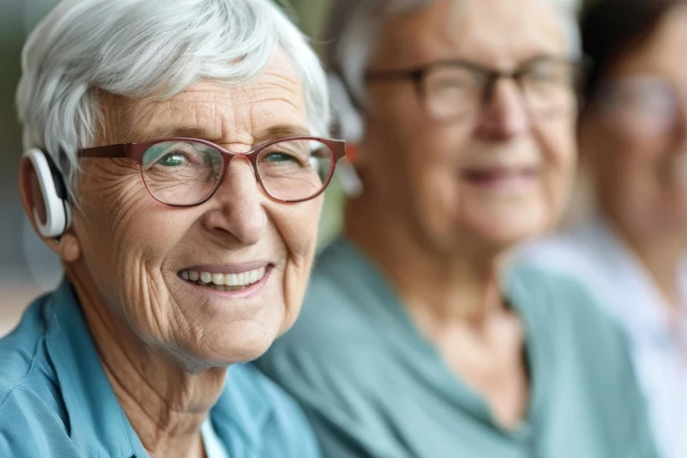Close-up of a smiling senior woman with white hair, red glasses, and a hearing aid during a Hearing Loss consultation in North Logan, UT